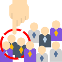 Metáfora representando el concepto de target con un grupo de personas y una mano seleccionando un grupo característico entre ellas